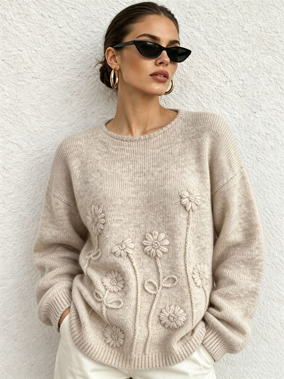 Women's Textured Flower Jumper in Beige