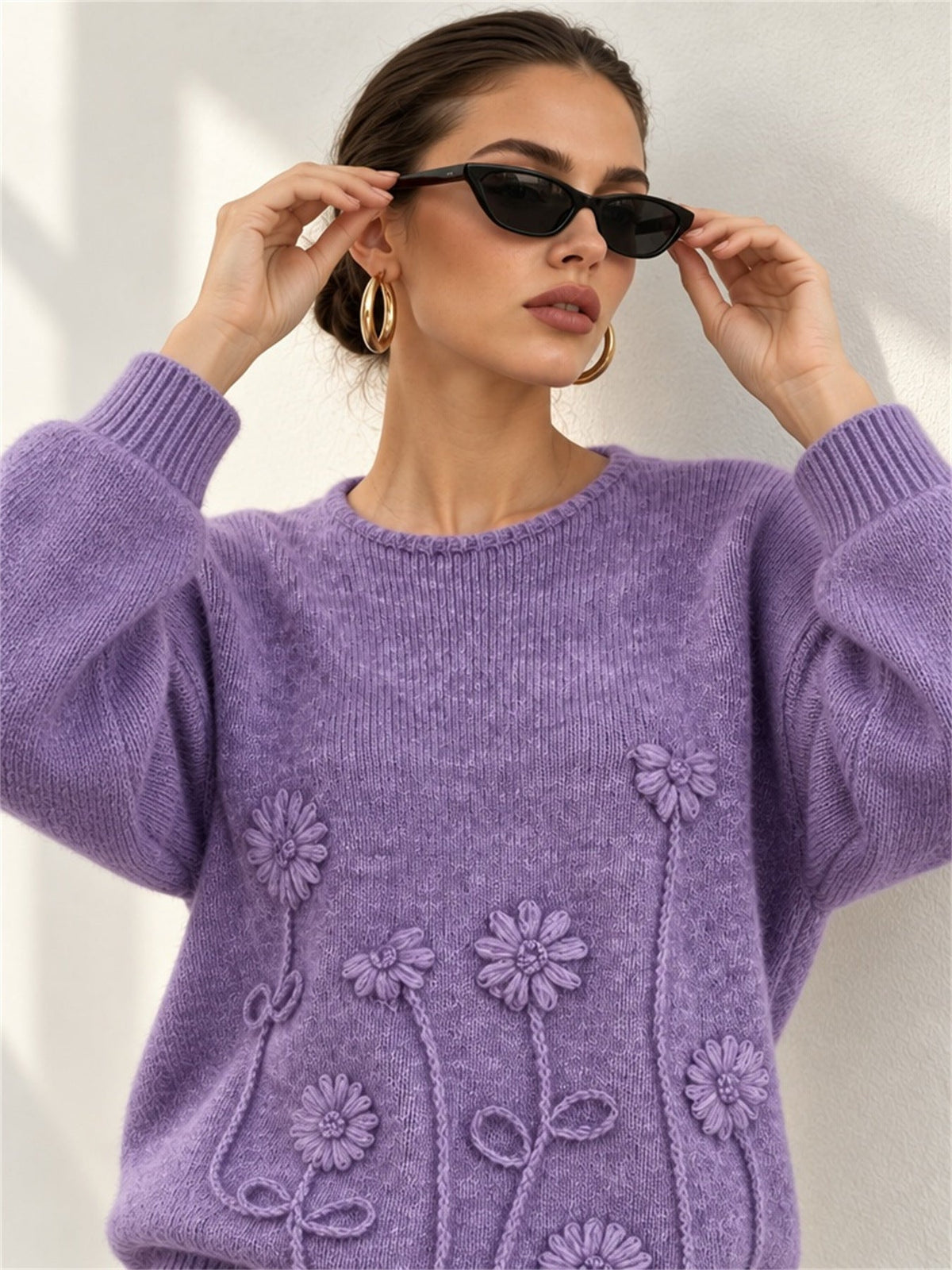 Women's Textured Flower Jumper in Purple, view 2