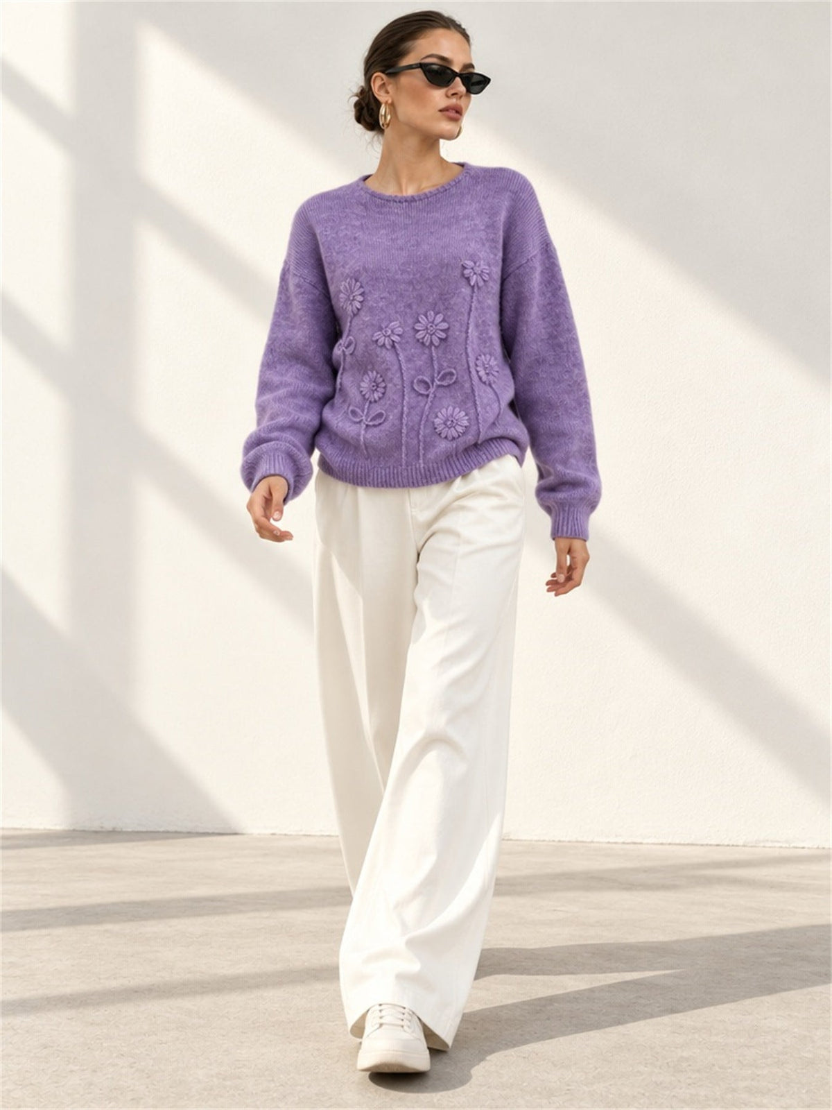 Women's Textured Flower Jumper in Purple, view 3