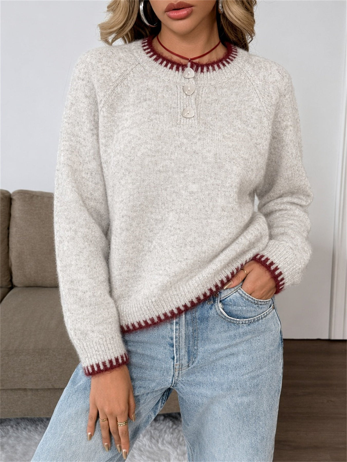 Women's Contrast Trim Henley Jumper in Oatmeal