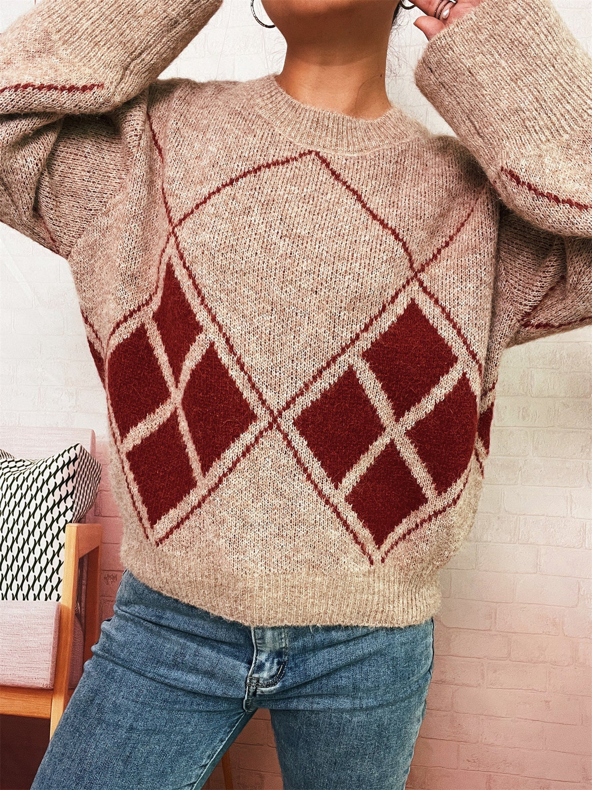 Women's Argyle Jumper in Beige, view 3