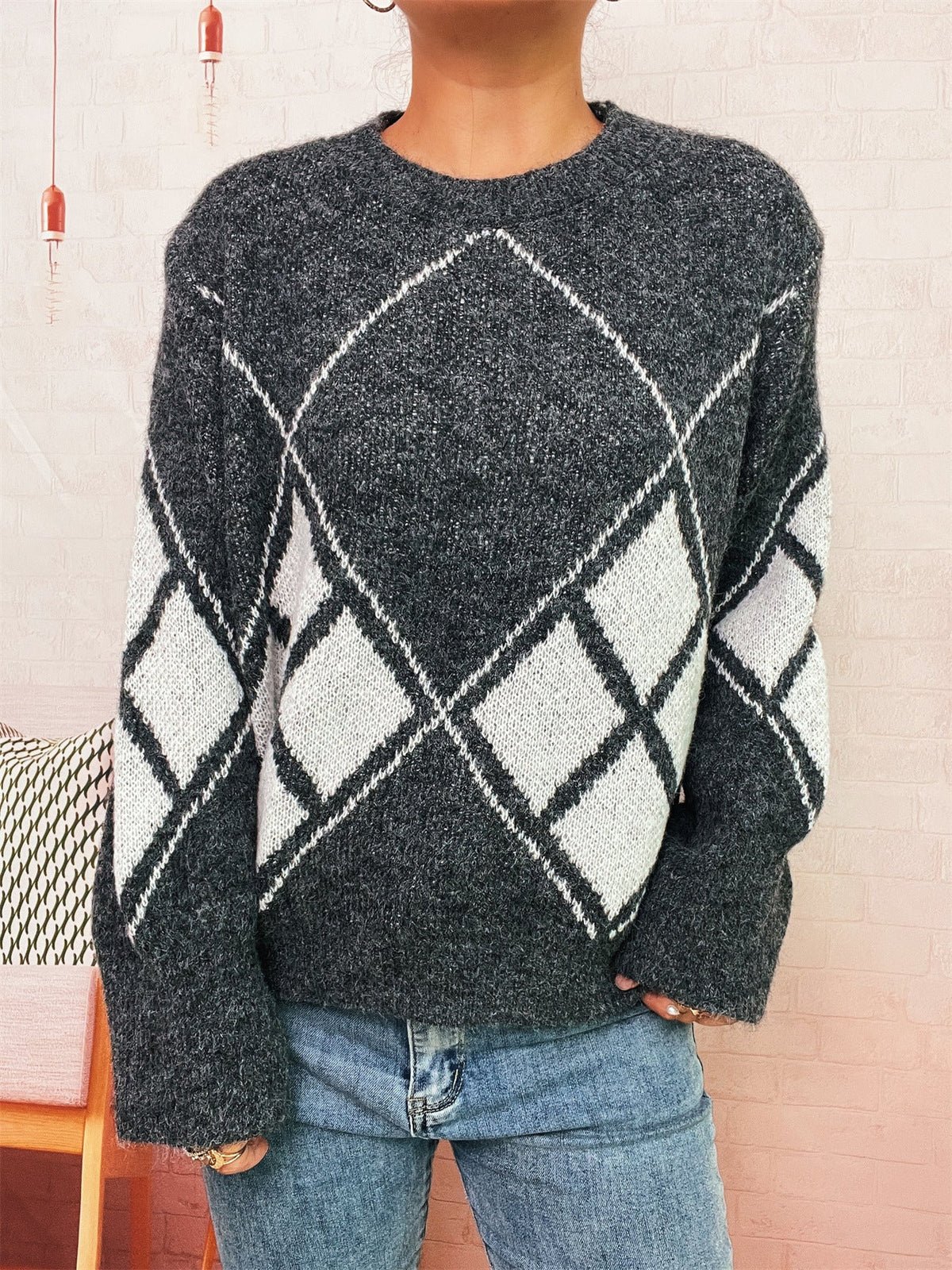 Women's Argyle Jumper in Dark Grey