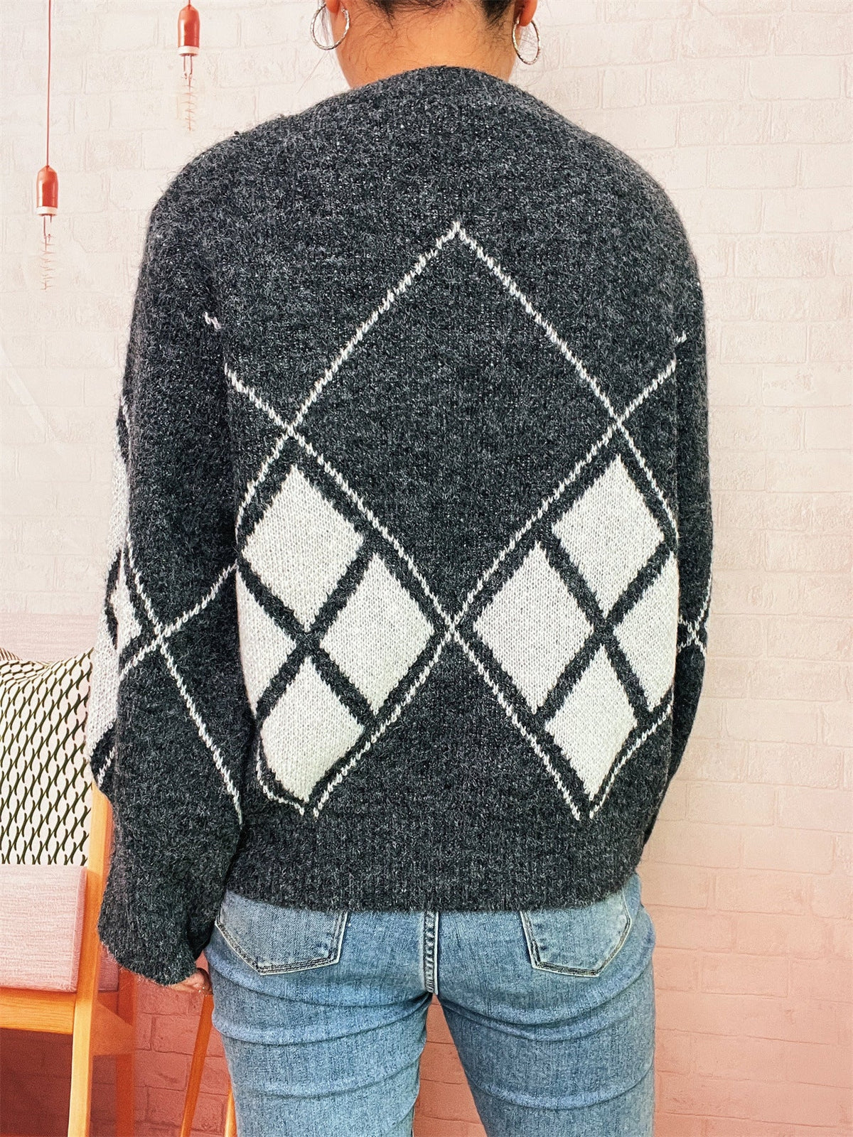 Women's Argyle Jumper in Dark Grey, view 4