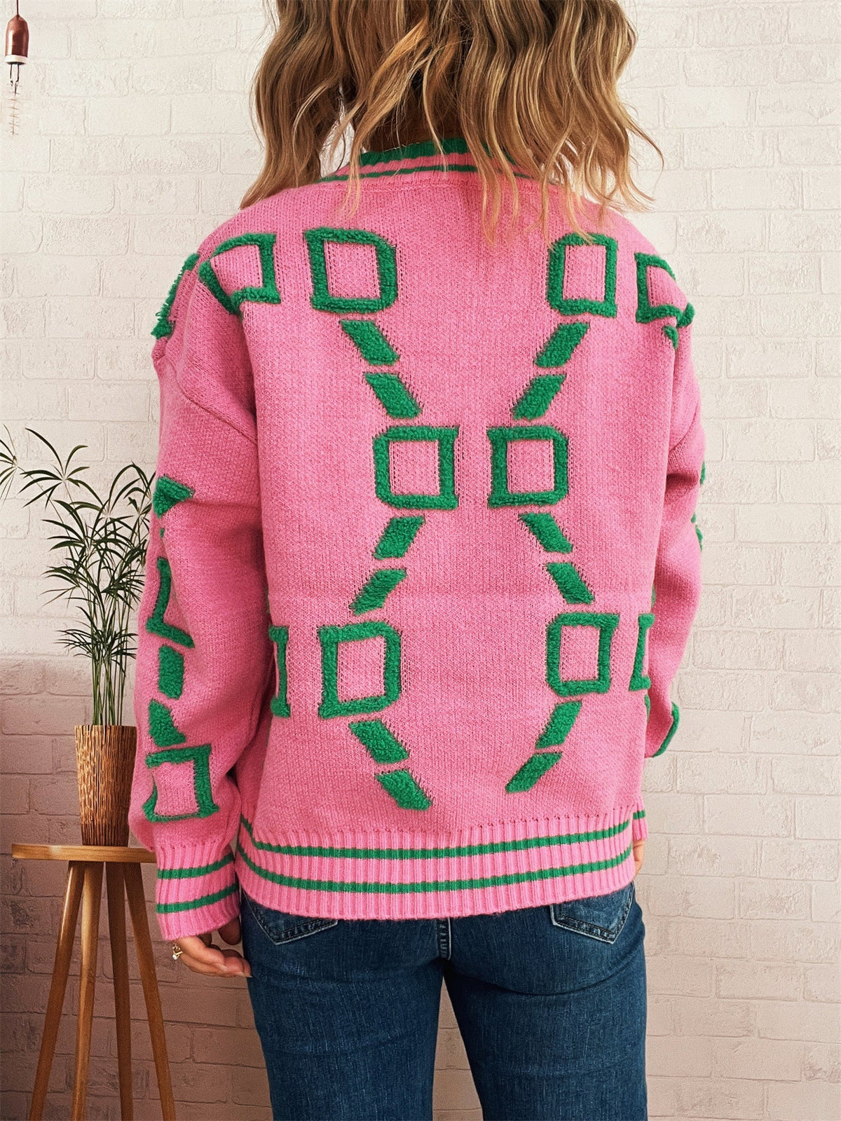 Women's Geometric Contrast Jumper in Pink, view 5