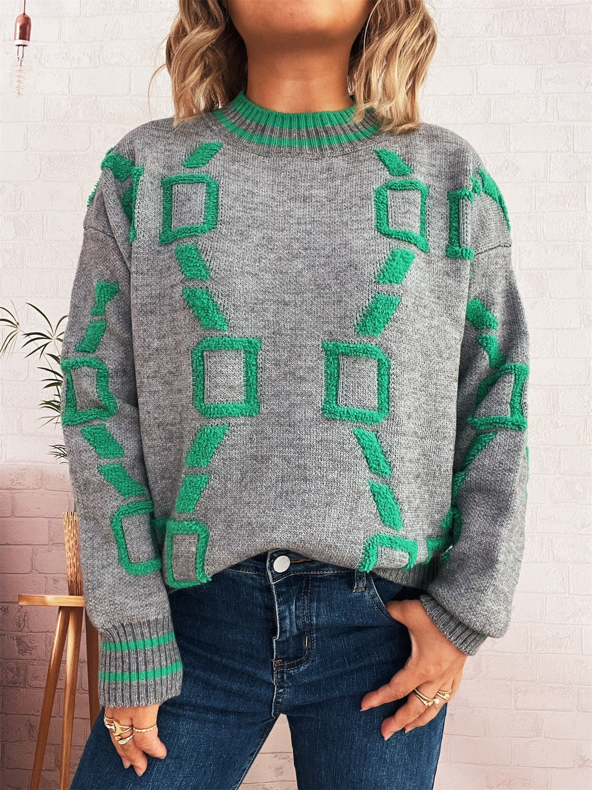 Women's Geometric Contrast Jumper in Grey, view 5