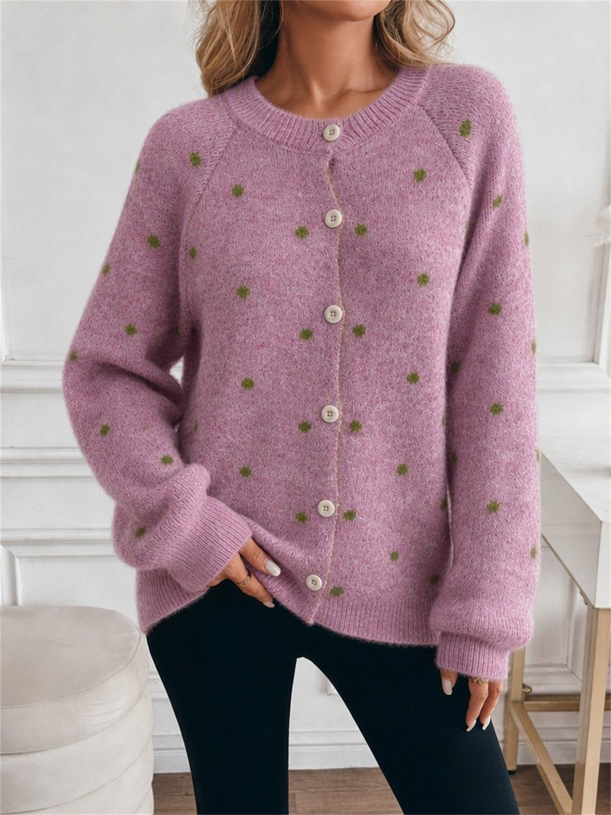 Women's Polka Dot Cardigan in Purple, view 3
