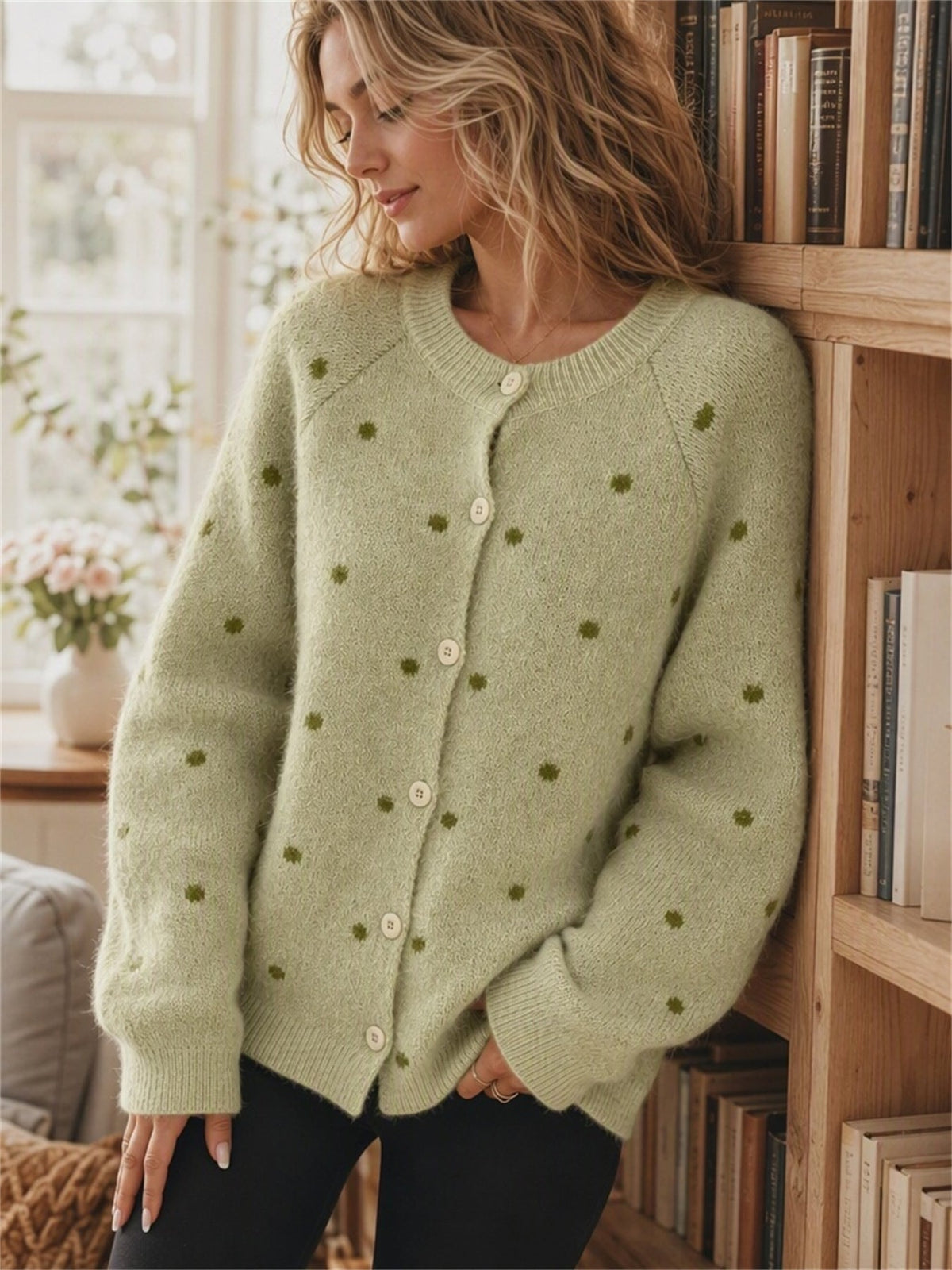 Women's Polka Dot Cardigan in Green, view 5