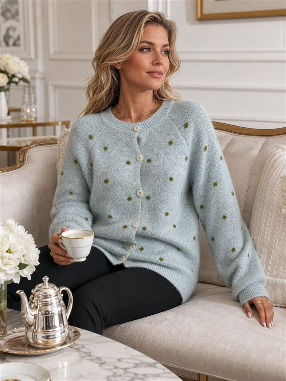 Women's Polka Dot Cardigan in Blue, view 3