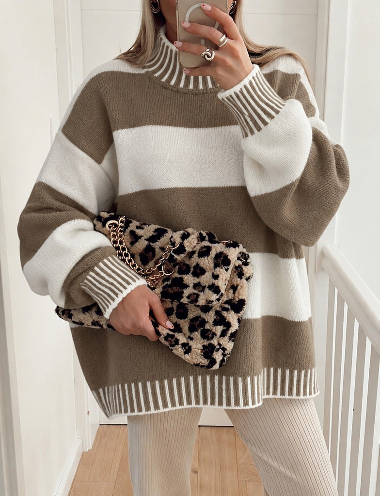 Women's Striped Mock Neck Jumper in Camel