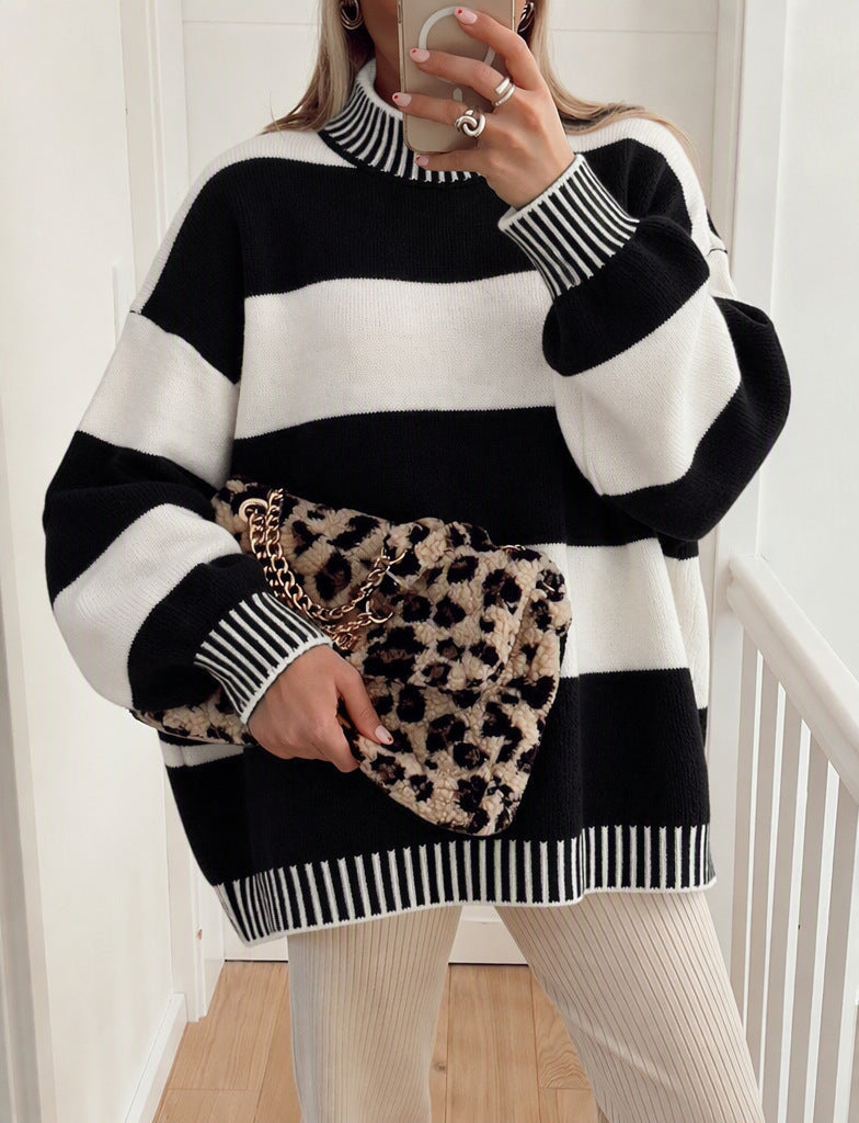 Women's Striped Mock Neck Jumper in Black