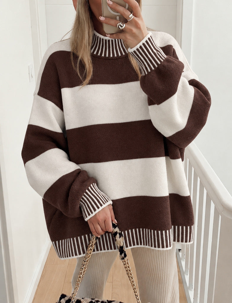 Women's Striped Mock Neck Jumper in Brown, view 2