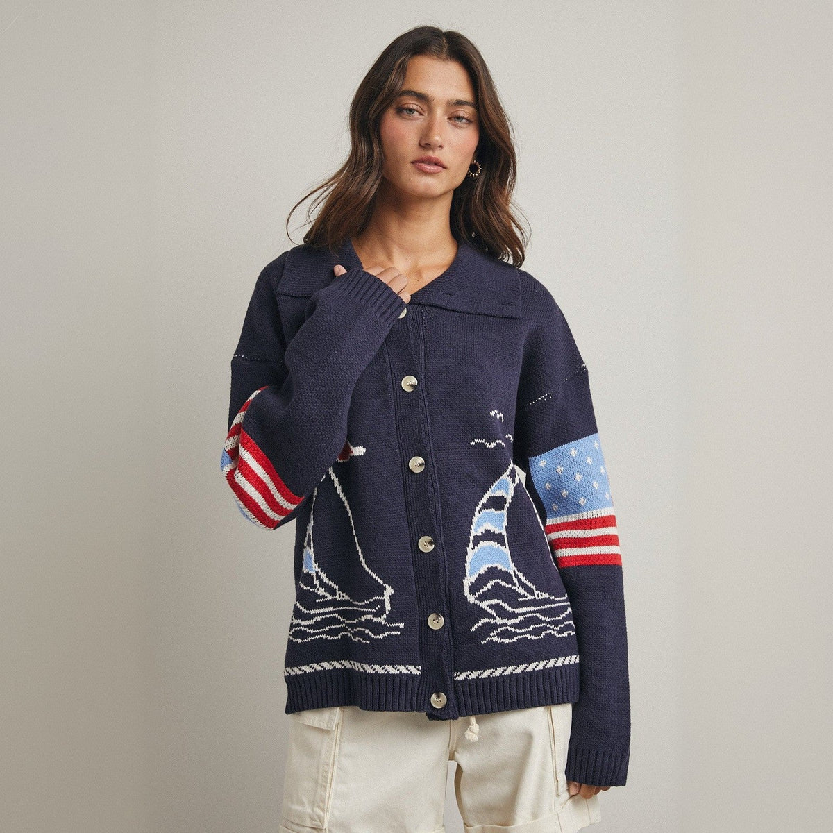 Women's Sailboat Cardigan in Navy, view 3