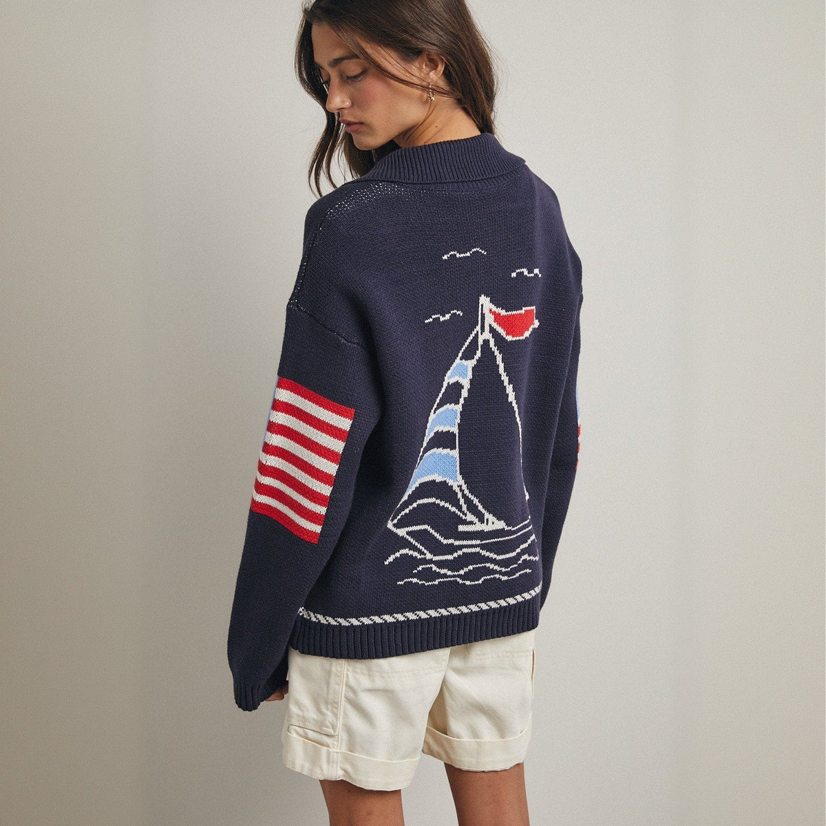 Women's Sailboat Cardigan in Navy, view 5