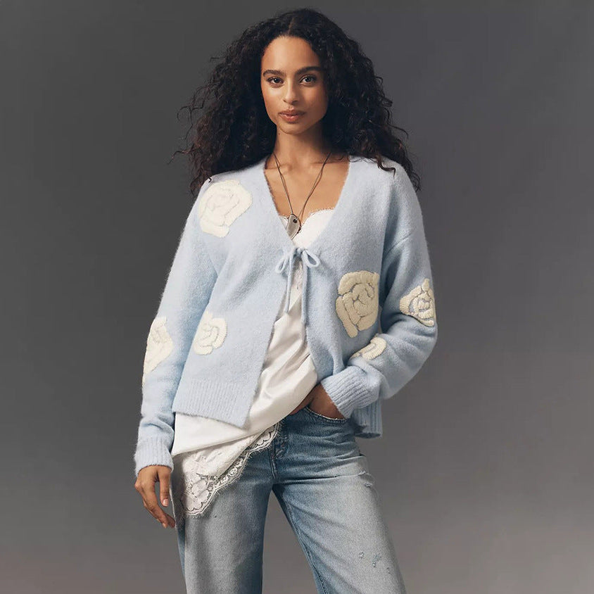 Women's Tie Neck Flower Cardigan in Light Blue, view 3