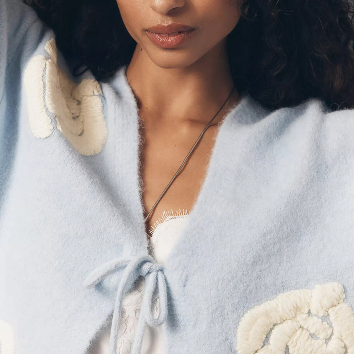 Women's Tie Neck Flower Cardigan in Light Blue, view 4
