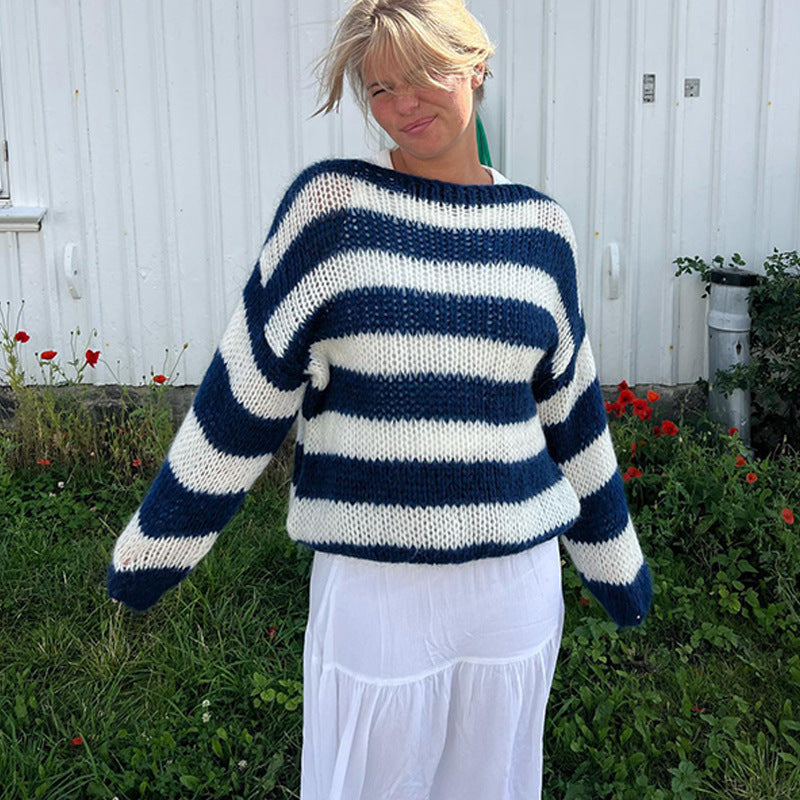 Women's Striped Boat Neck Jumper in Blue, view 3