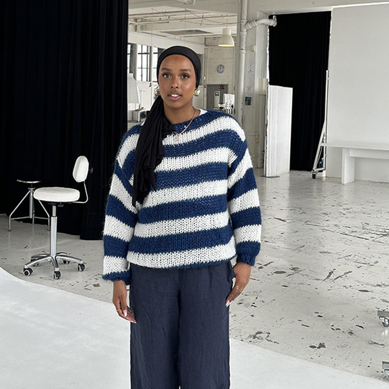Women's Striped Boat Neck Jumper in Blue, view 4