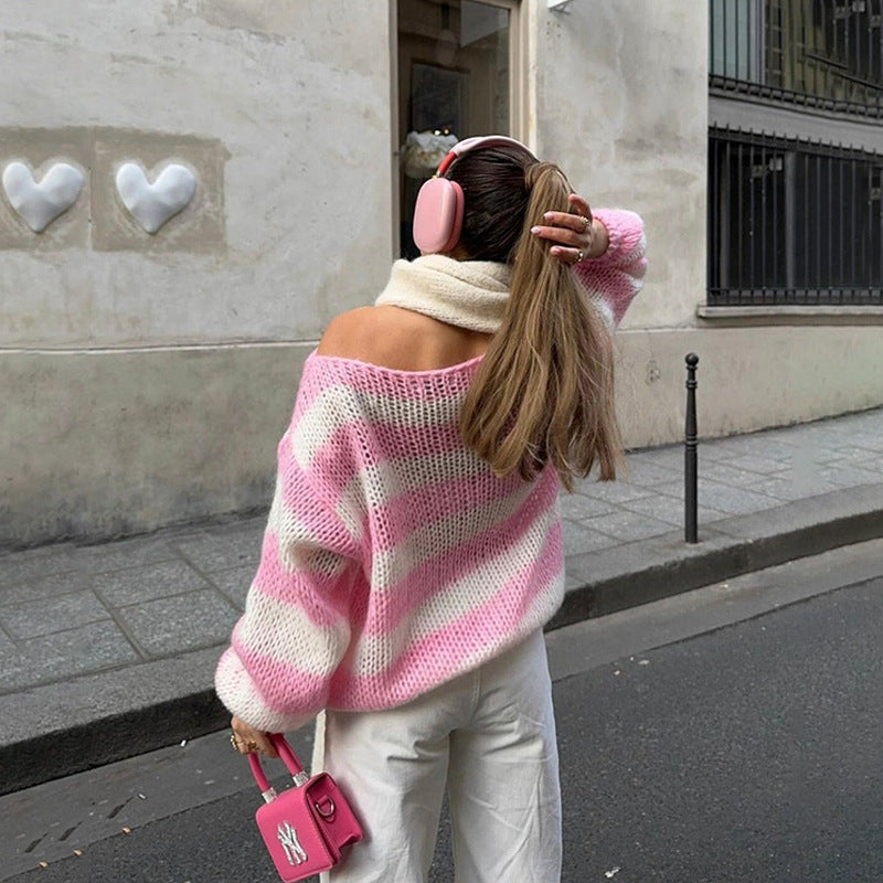 Women's Striped Boat Neck Jumper in Pink, view 3