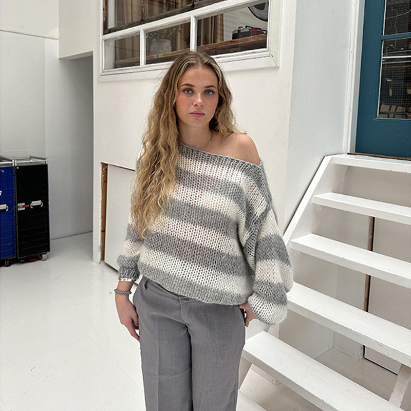 Women's Striped Boat Neck Jumper in Grey, view 3