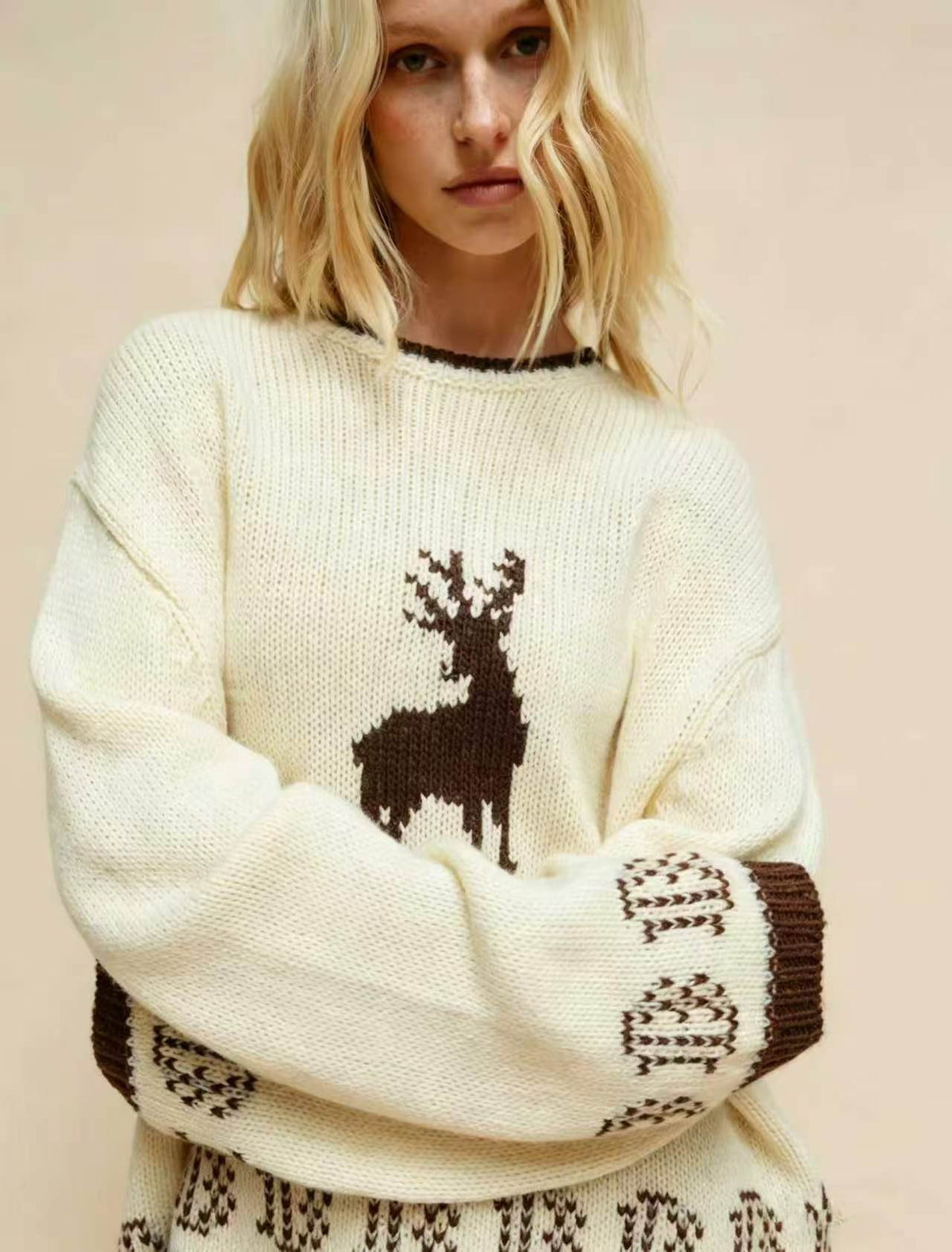 Women's Reindeer Hem Jumper in Brown, view 3