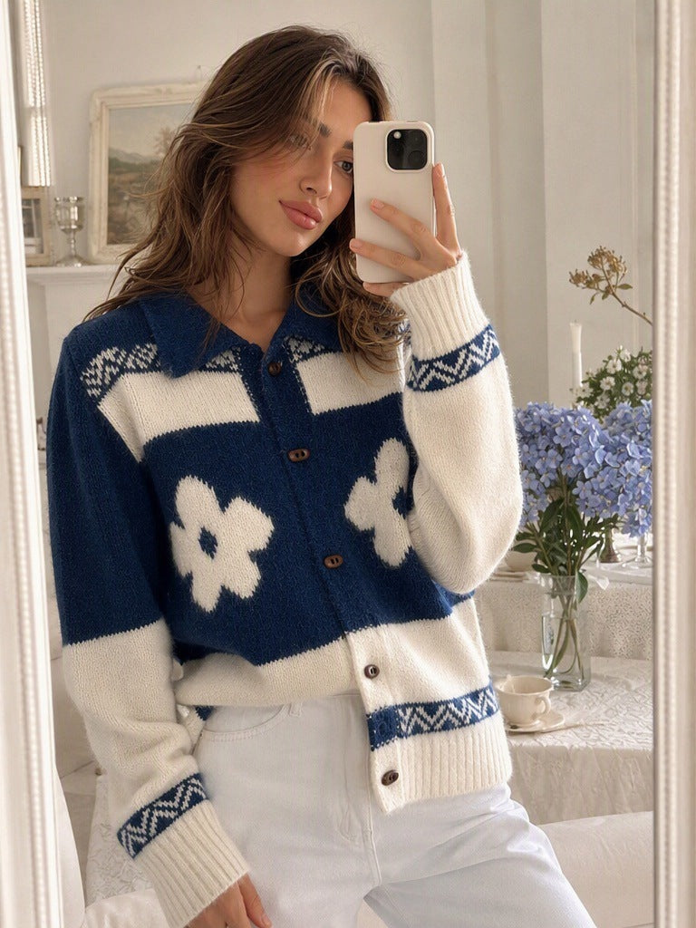 Women's Floral Jacquard Cardigan in Navy
