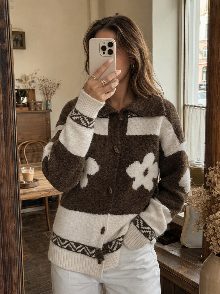 Women's Floral Jacquard Cardigan in Brown, view 2