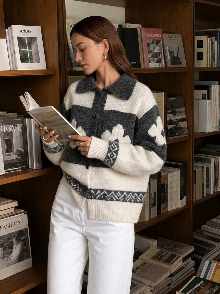 Women's Floral Jacquard Cardigan in Grey