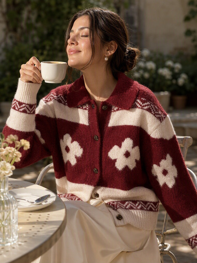 Women's Floral Jacquard Cardigan in Red