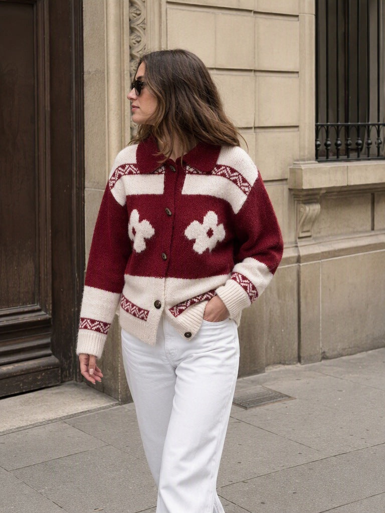 Women's Floral Jacquard Cardigan in Red, view 4