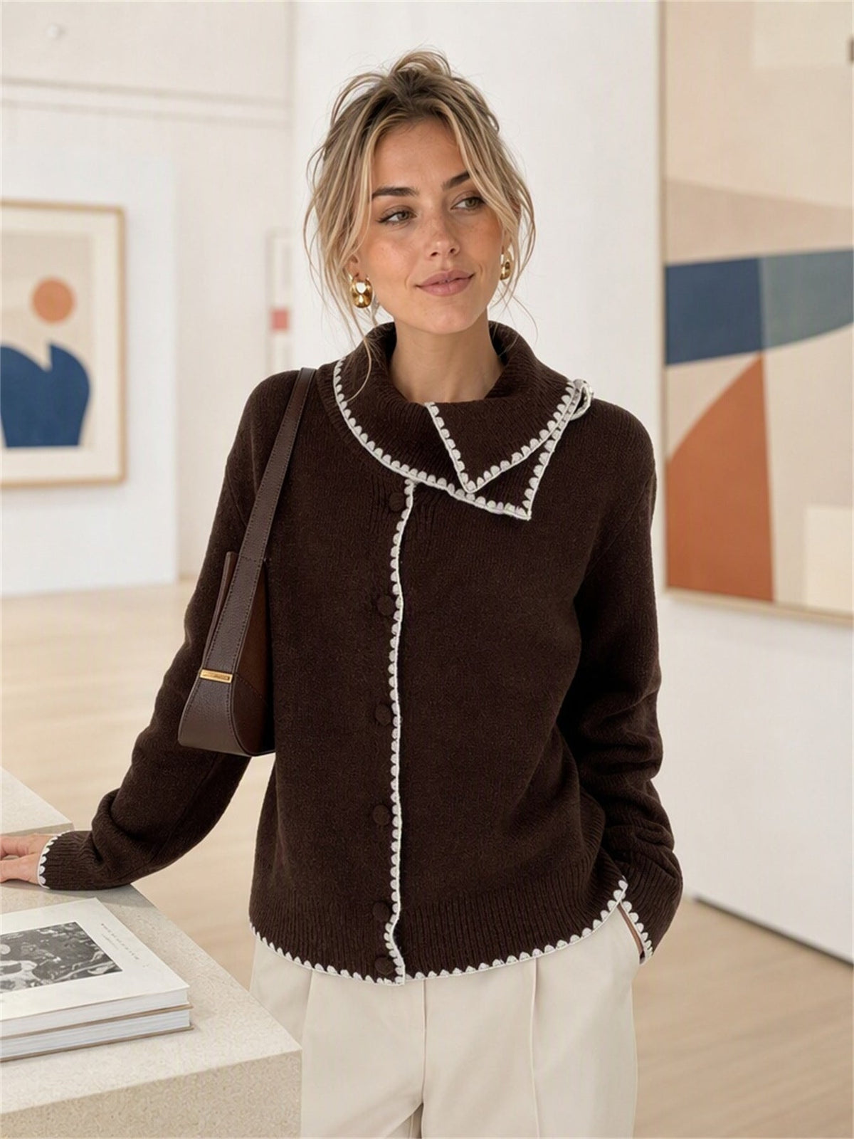 Women's Asymmetric Collar Cardigan in Brown, view 4