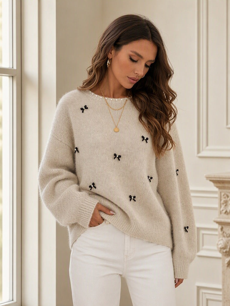 Women's Beaded Bow Jumper in Beige, view 3