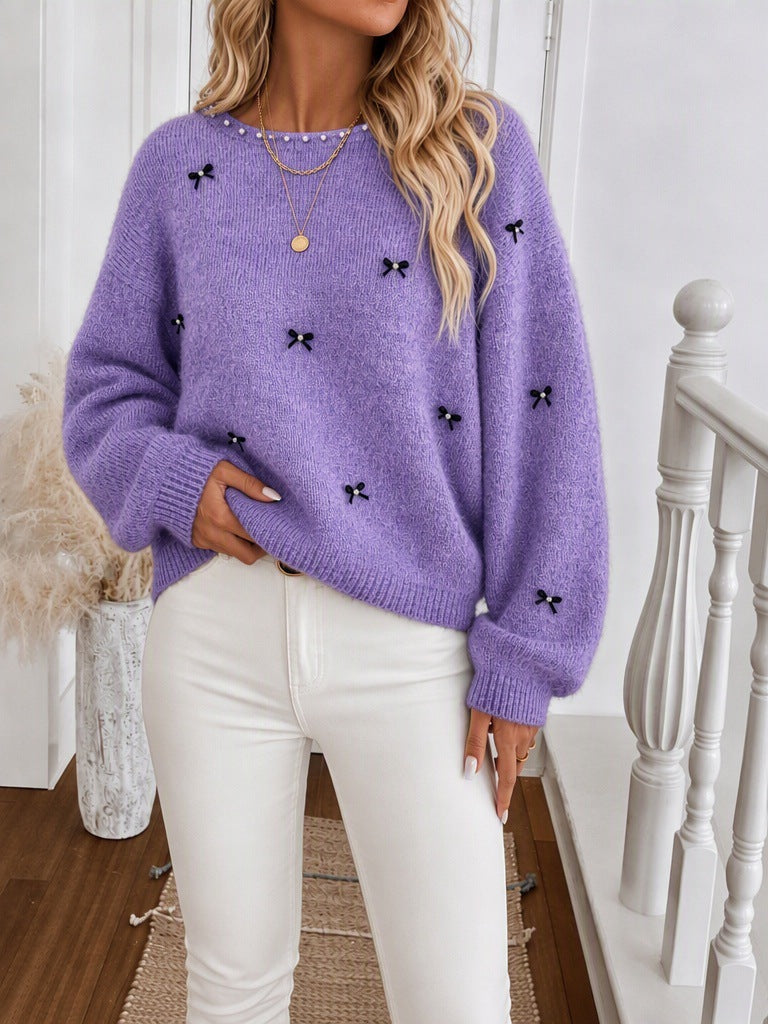 Women's Beaded Bow Jumper in Purple, view 4