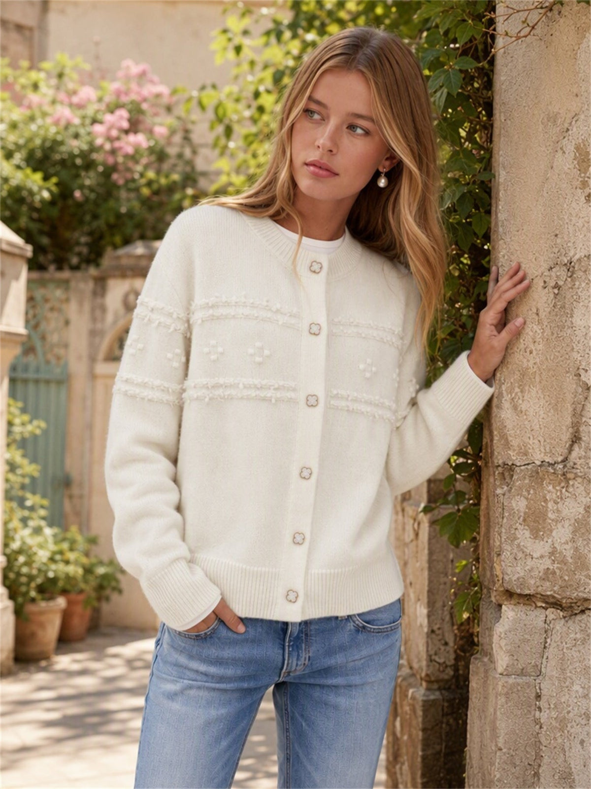 Women's Floral Button Cardigan in White