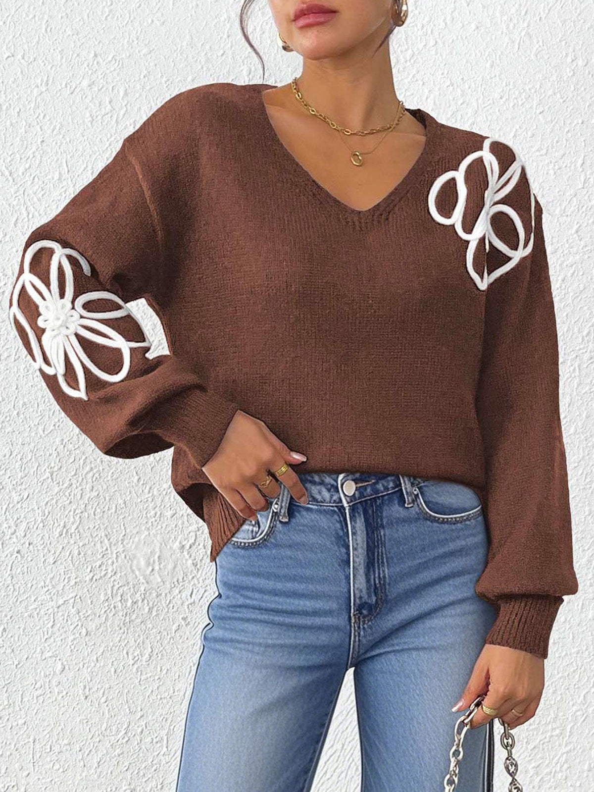 Women's Floral Embroidered Jumper in Brown, view 2