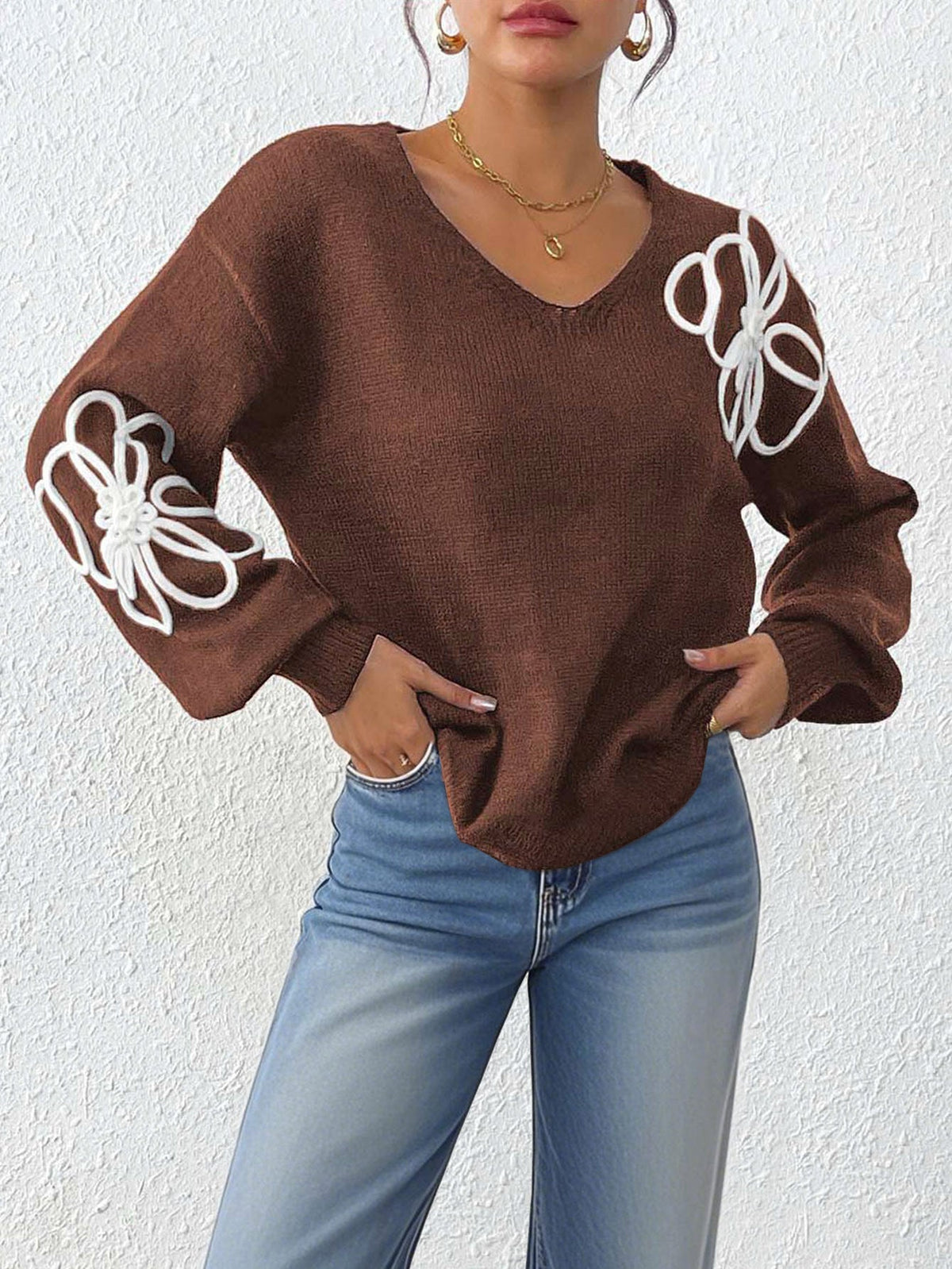 Women's Floral Embroidered Jumper in Brown, view 3