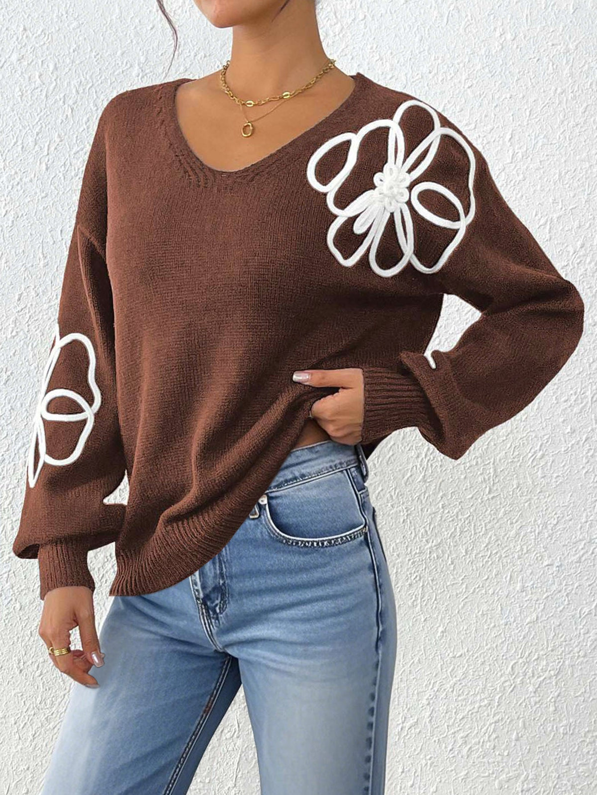 Women's Floral Embroidered Jumper in Brown, view 4