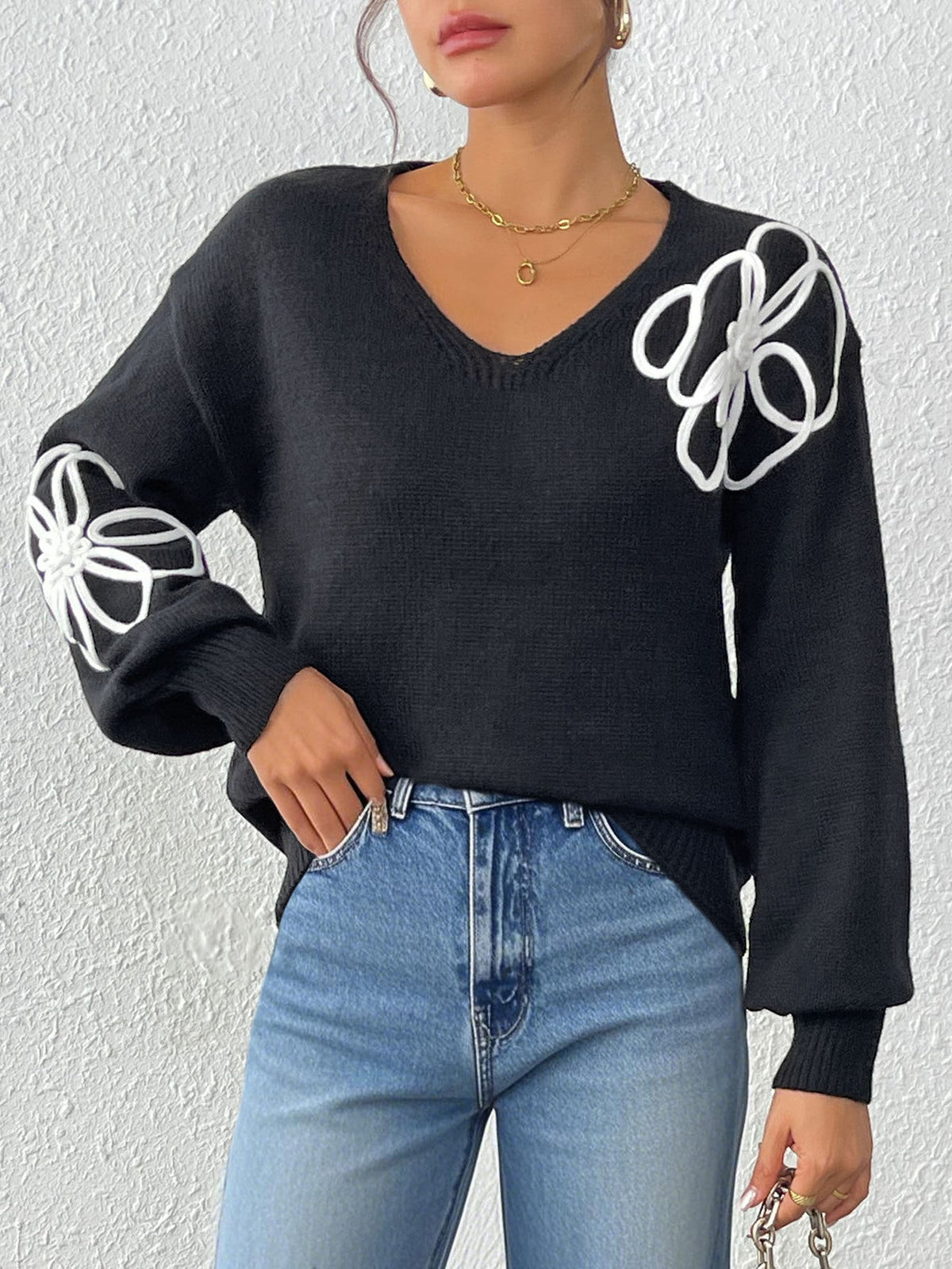 Women's Floral Embroidered Jumper in Black, view 2