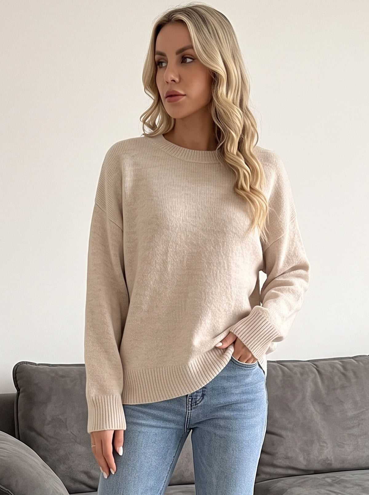Women's Classic Crew Neck Jumper in Cream, view 3