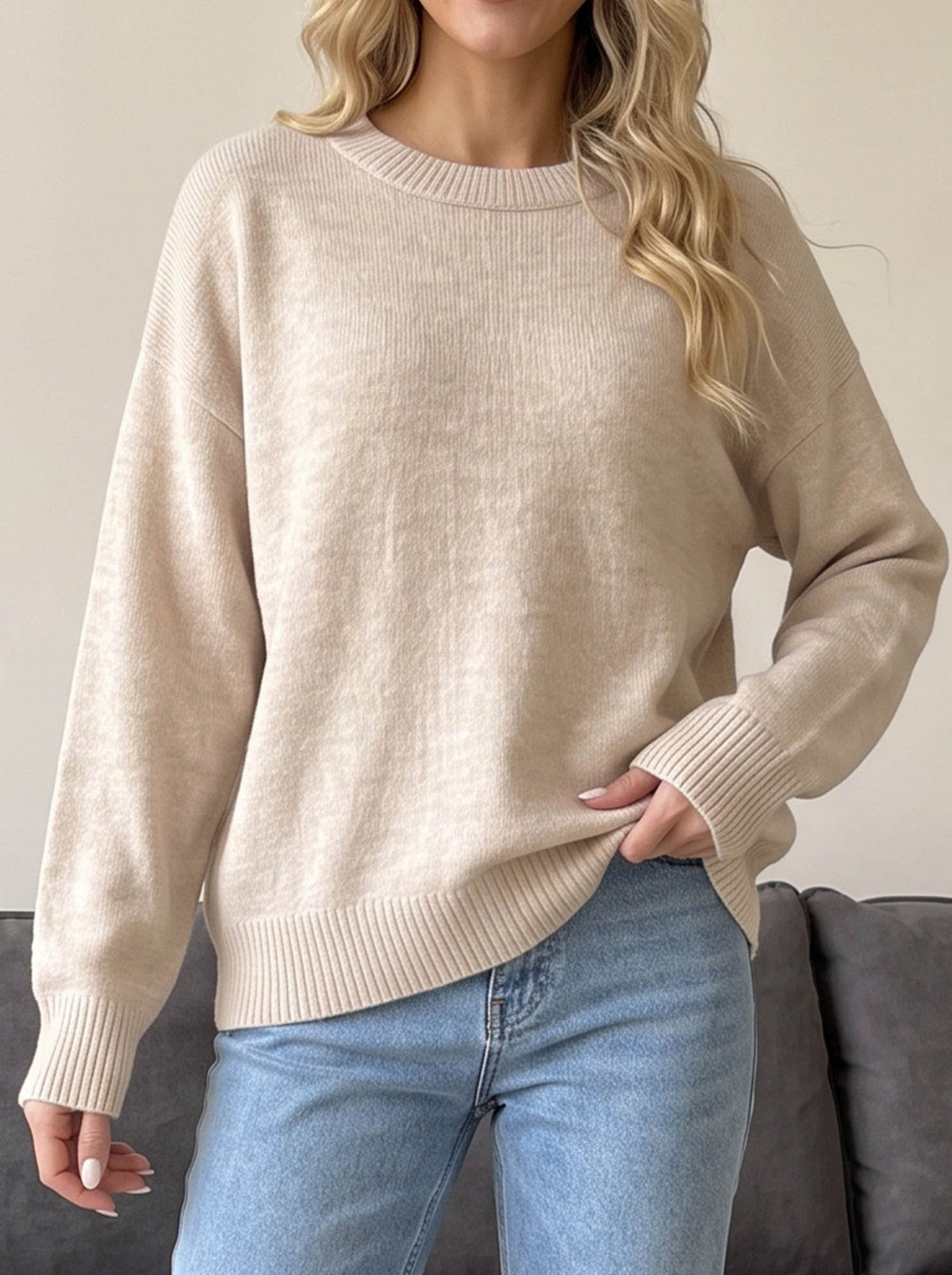 Women's Classic Crew Neck Jumper in Cream, view 4