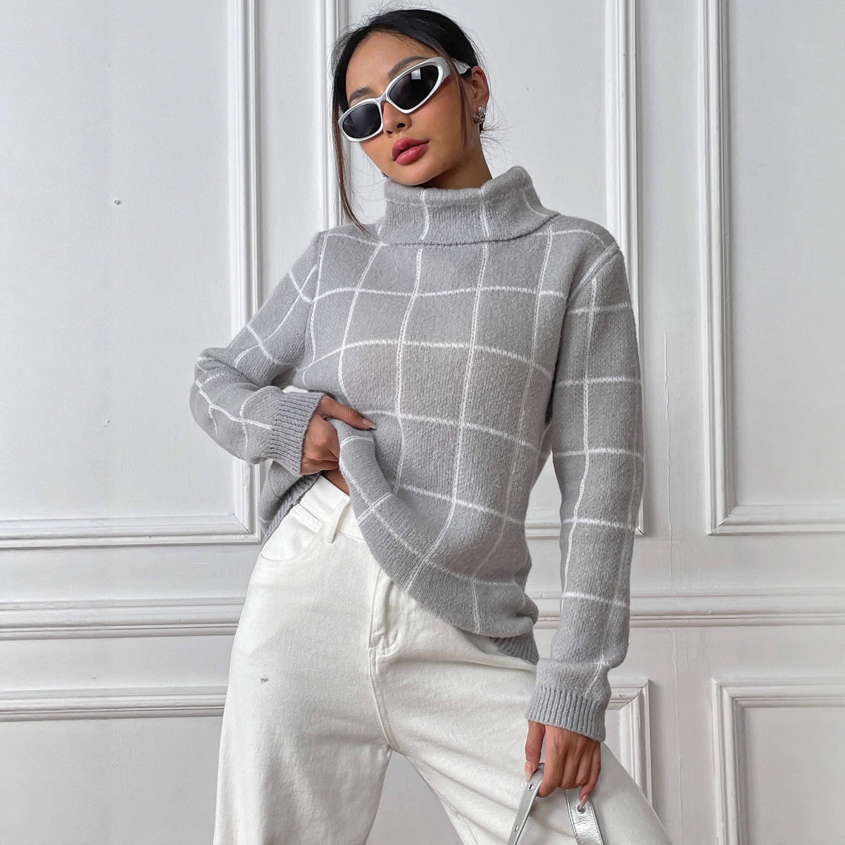 Women's Check Roll Neck Jumper in Grey, view 3