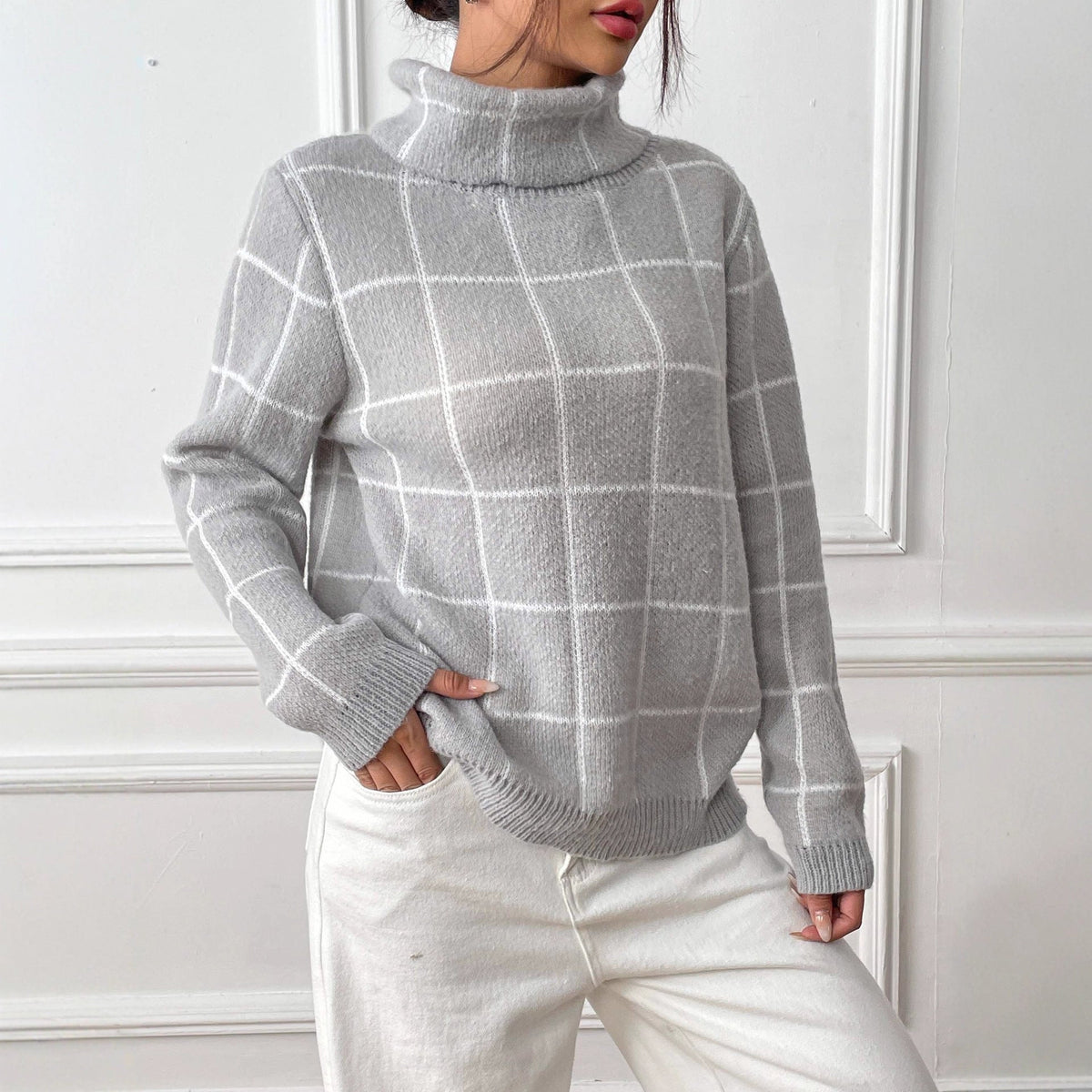 Women's Check Roll Neck Jumper in Grey, view 5