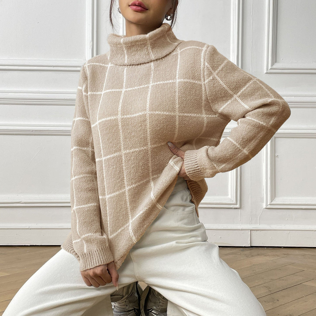 Women's Check Roll Neck Jumper in Beige