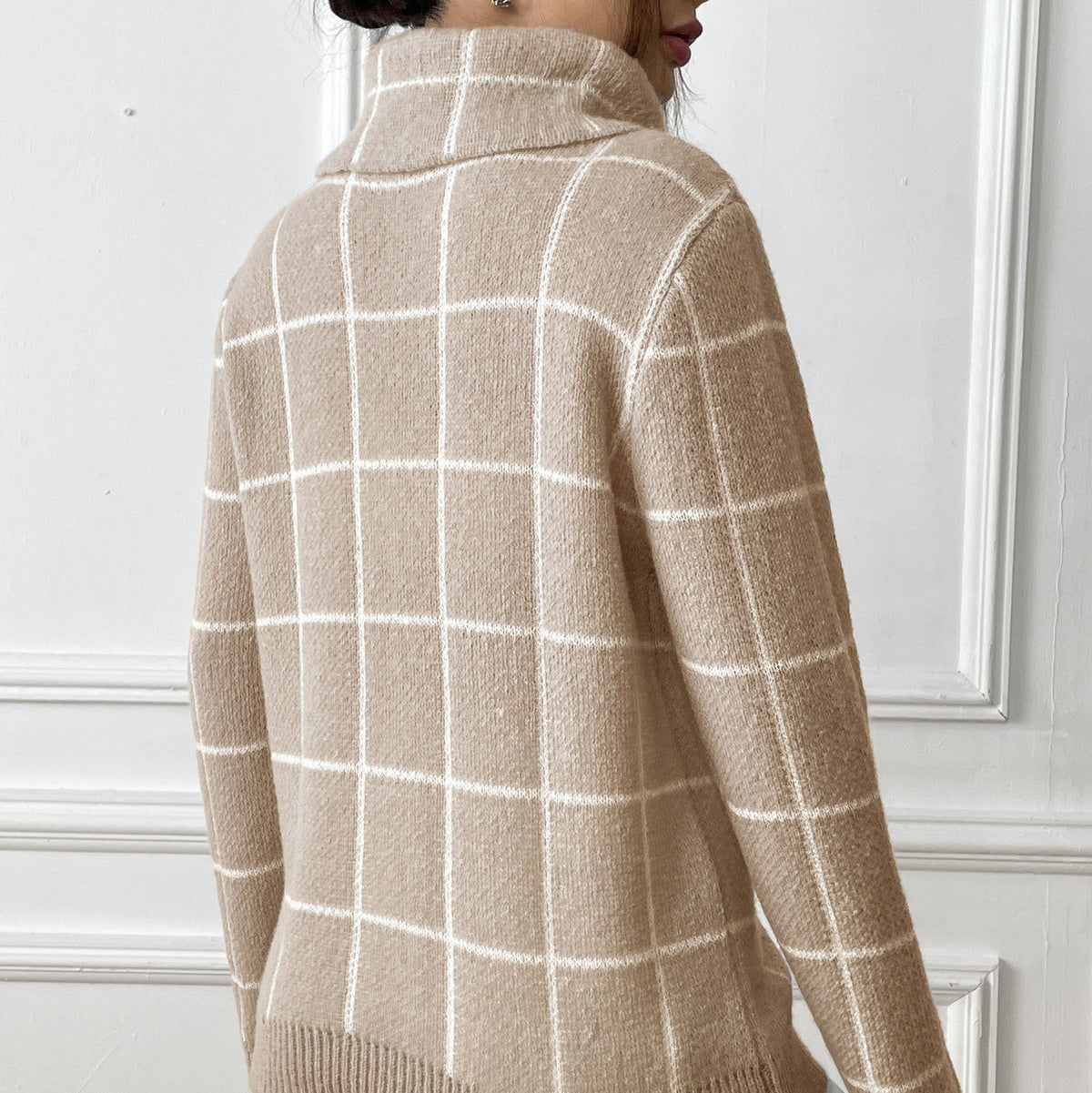 Women's Check Roll Neck Jumper in Beige, view 4