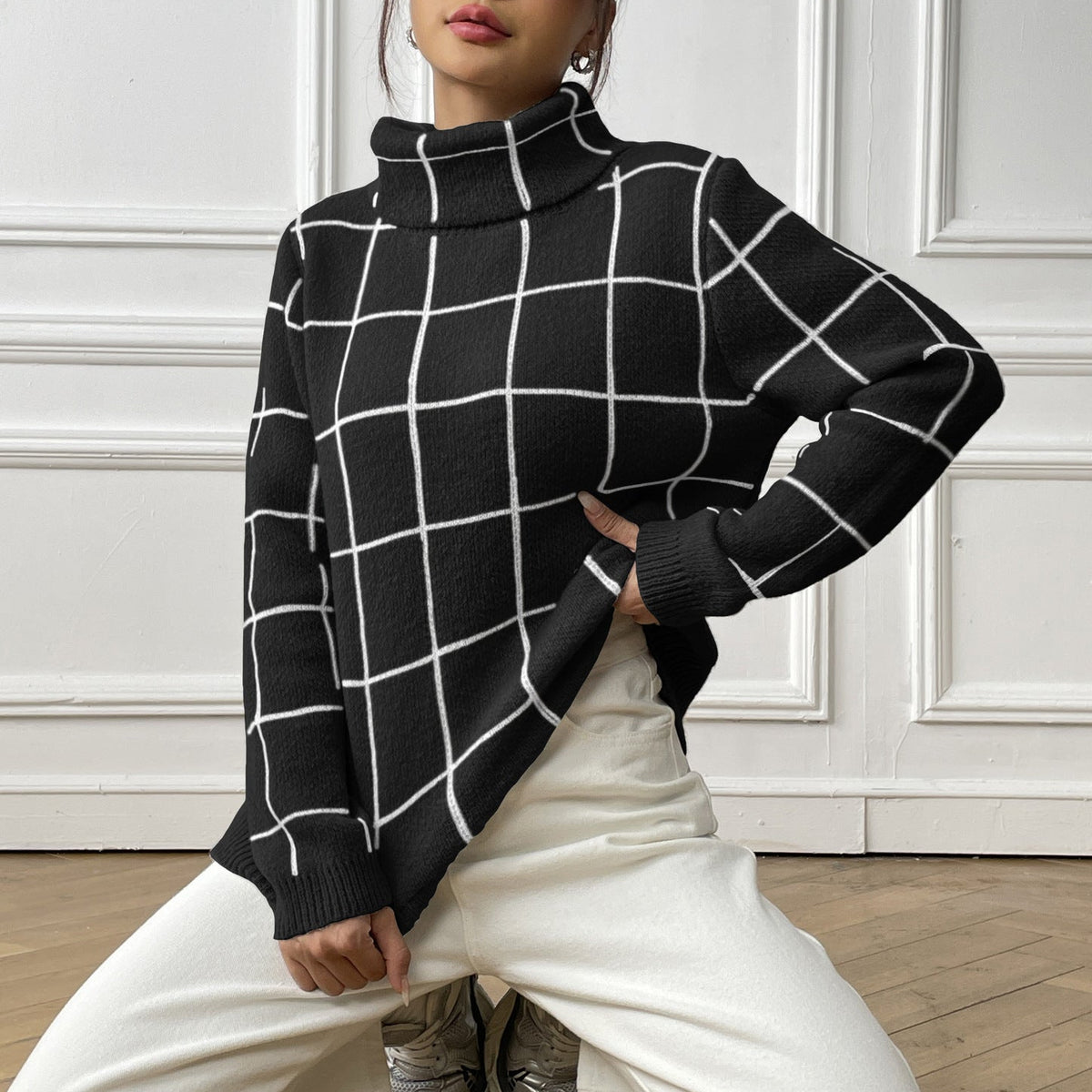 Women's Check Roll Neck Jumper in Black, view 2