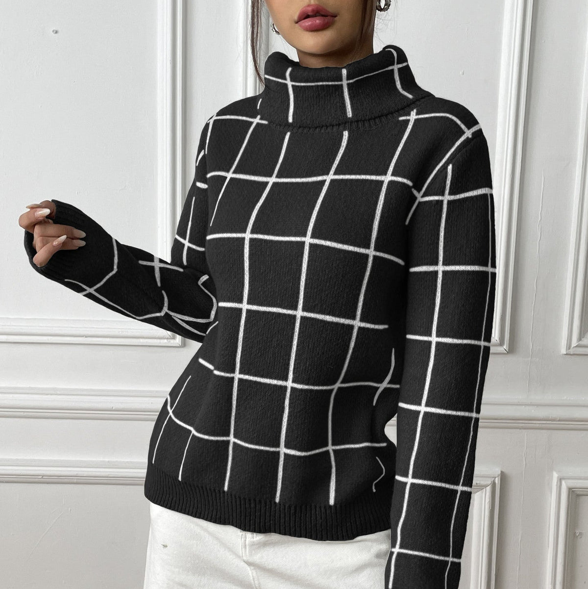 Women's Check Roll Neck Jumper in Black, view 4