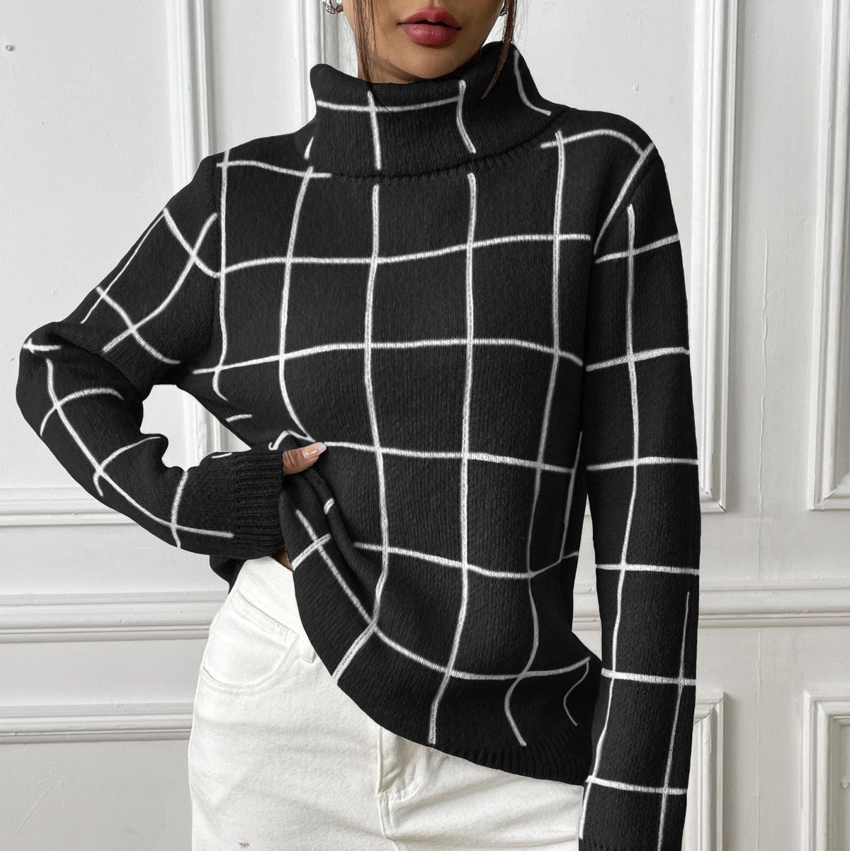 Women's Check Roll Neck Jumper in Black, view 5