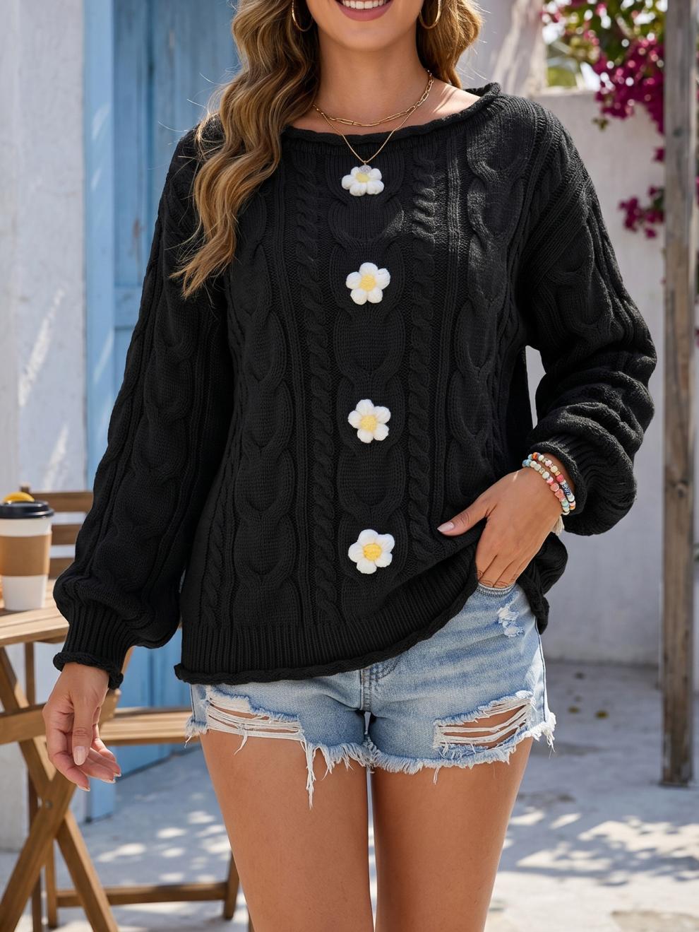 Women's Cable Knit Flower Jumper in Black