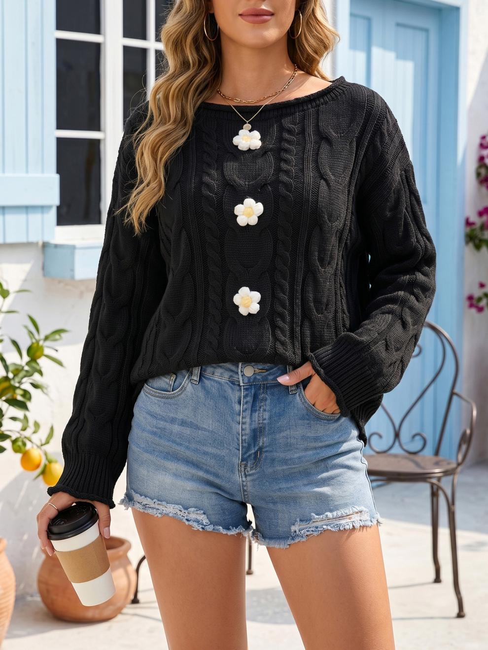 Women's Cable Knit Flower Jumper in Black, view 2