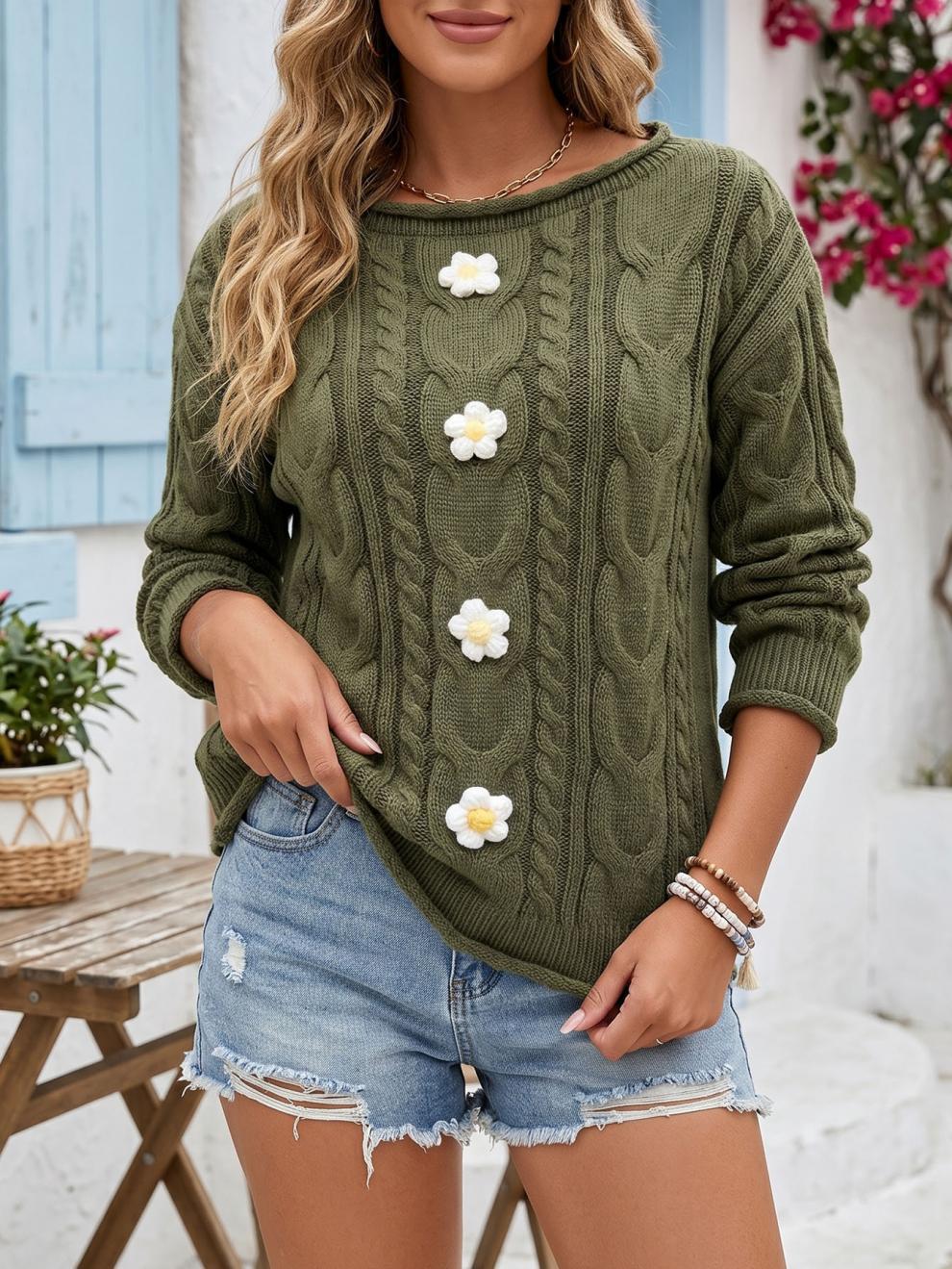 Women's Cable Knit Flower Jumper in Army Green, view 3