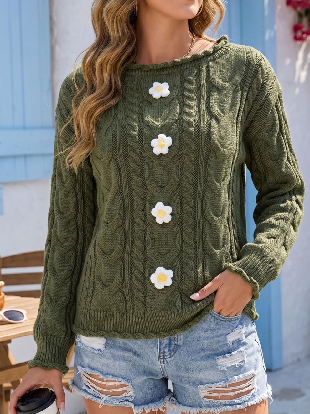 Women's Cable Knit Flower Jumper in Army Green, view 4